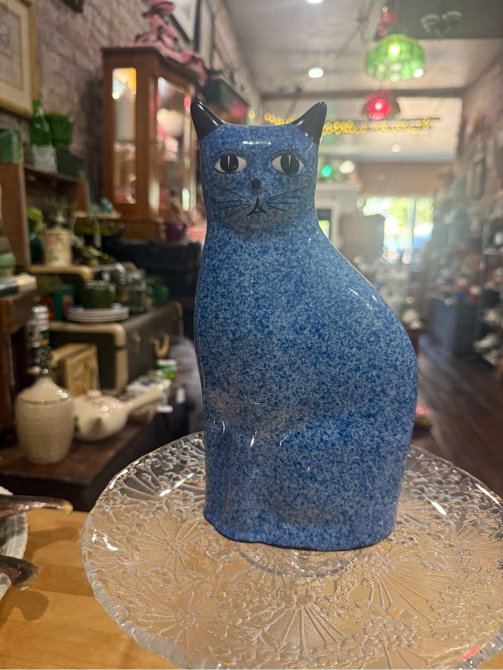 Blue Speckled Ceramic Cat Figurine - Decorative Pet Accent